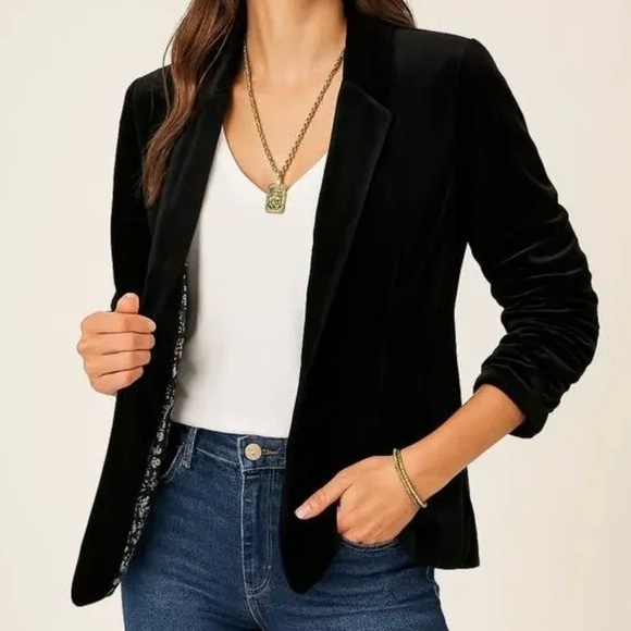 Skies Are Blue Black Velvet Blazer Womens 1X Open Front 3/4 Ruched Sleeve - Picture 1 of 15